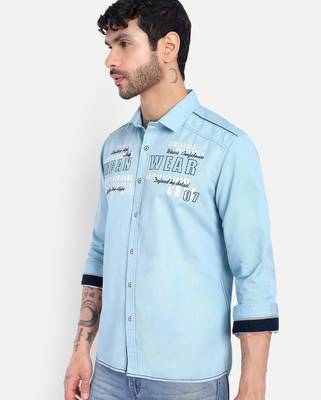 Pier seven men’s light blue cotton regular fit printed  & embroidered casual shirt | urban wear full sleeve shirt 2