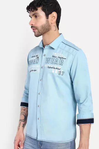Pier seven men’s light blue cotton regular fit printed  & embroidered casual shirt | urban wear full sleeve shirt