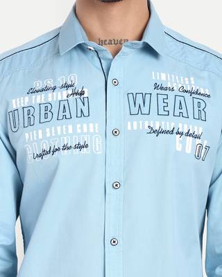 Pier seven men’s light blue cotton regular fit printed  & embroidered casual shirt | urban wear full sleeve shirt 3