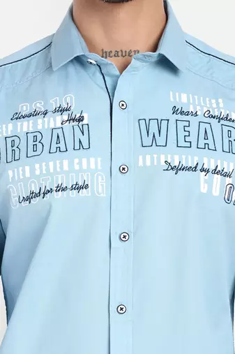 Pier seven men’s light blue cotton regular fit printed  & embroidered casual shirt | urban wear full sleeve shirt