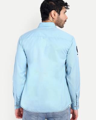Pier seven men’s light blue cotton regular fit printed  & embroidered casual shirt | urban wear full sleeve shirt 4