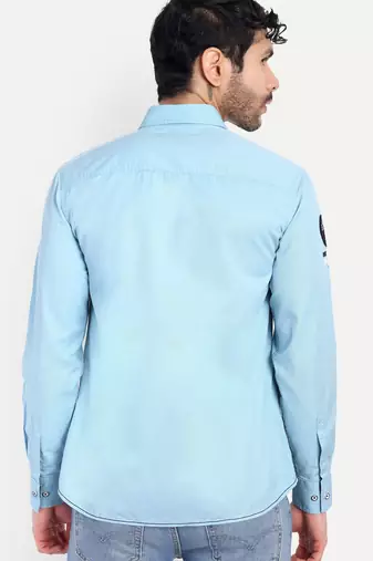 Pier seven men’s light blue cotton regular fit printed  & embroidered casual shirt | urban wear full sleeve shirt