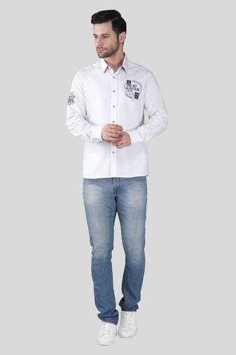 Pier seven men’s cotton white regular fit placement print casual shirt with full sleeves