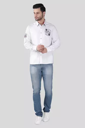 Pier seven men’s cotton white regular fit placement print casual shirt with full sleeves