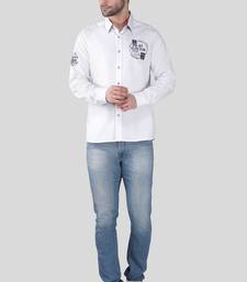 Pier seven men’s cotton white regular fit placement print casual shirt with full sleeves