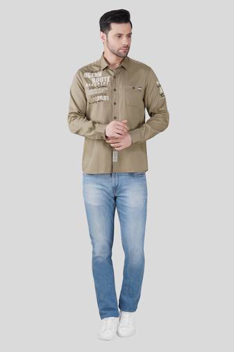 Pier seven men khaki solid graphic print with embroidery regular fit casual cotton shirt