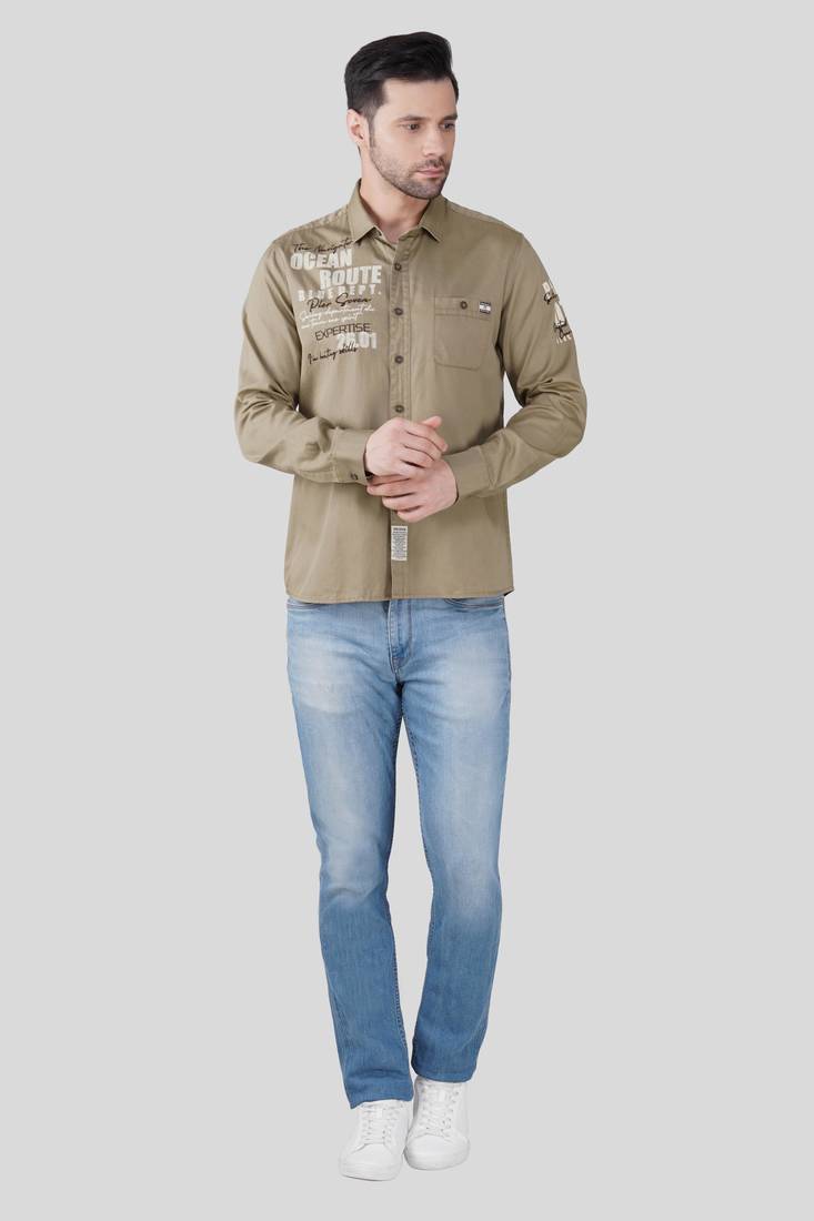 Pier seven men khaki solid graphic print with embroidery regular fit casual cotton shirt