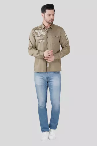 Pier seven men khaki solid graphic print with embroidery regular fit casual cotton shirt