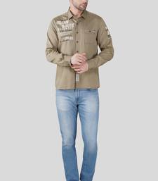 Pier seven men khaki solid graphic print with embroidery regular fit casual cotton shirt