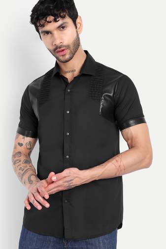 Pier seven men's premium black faux leather panelled cotton blend shirt - slim fit pintuck designer wear