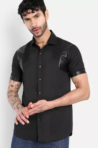 Pier seven men's premium black faux leather panelled cotton blend shirt - slim fit pintuck designer wear
