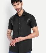 Pier seven men's premium black faux leather panelled cotton blend shirt - slim fit pintuck designer wear