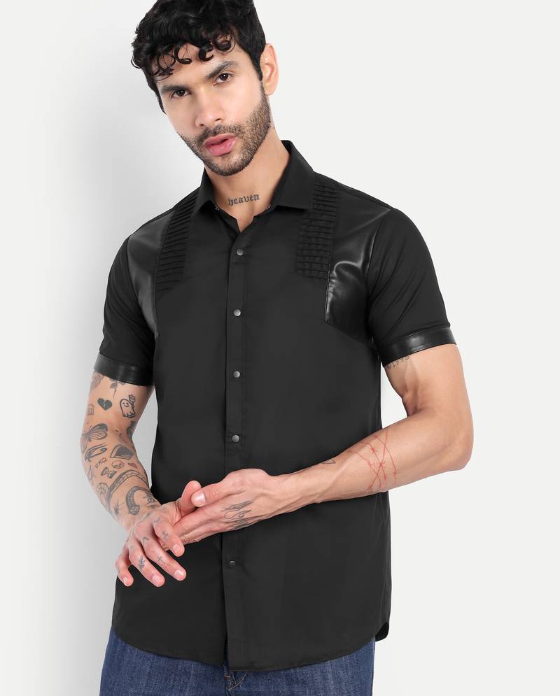 Pier seven men's premium black faux leather panelled cotton blend shirt - slim fit pintuck designer wear