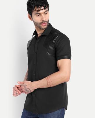 Pier seven men's premium black faux leather panelled cotton blend shirt - slim fit pintuck designer wear 2