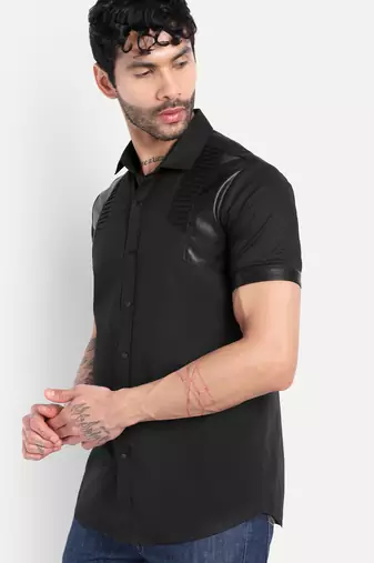 Pier seven men's premium black faux leather panelled cotton blend shirt - slim fit pintuck designer wear