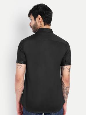 Pier seven men's premium black faux leather panelled cotton blend shirt - slim fit pintuck designer wear 3