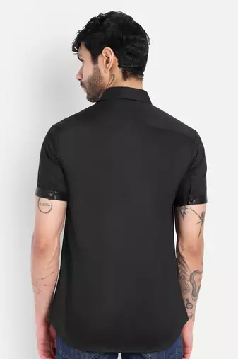 Pier seven men's premium black faux leather panelled cotton blend shirt - slim fit pintuck designer wear
