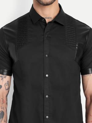 Pier seven men's premium black faux leather panelled cotton blend shirt - slim fit pintuck designer wear 4