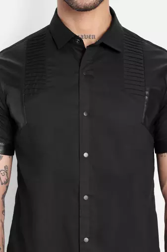 Pier seven men's premium black faux leather panelled cotton blend shirt - slim fit pintuck designer wear