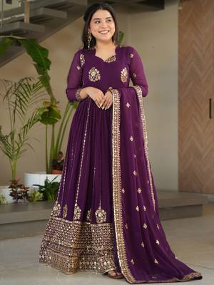 Wine Georgette Sequins Embroidered Gown With Dupatta 1