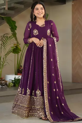 Wine Georgette Sequins Embroidered Gown With Dupatta