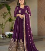 Wine Georgette Sequins Embroidered Gown With Dupatta
