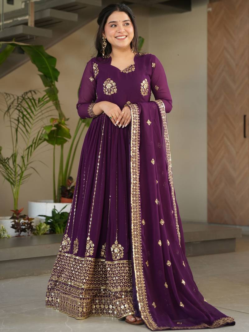Wine Georgette Sequins Embroidered Gown With Dupatta
