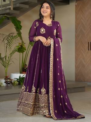 Wine Georgette Sequins Embroidered Gown With Dupatta 2