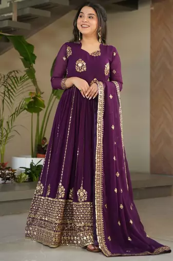 Wine Georgette Sequins Embroidered Gown With Dupatta