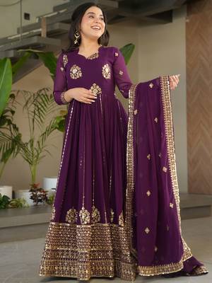 Wine Georgette Sequins Embroidered Gown With Dupatta 3