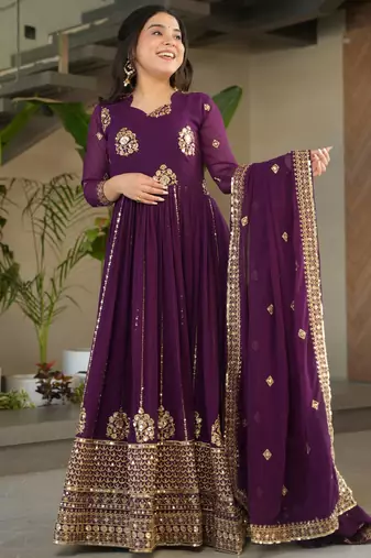 Wine Georgette Sequins Embroidered Gown With Dupatta