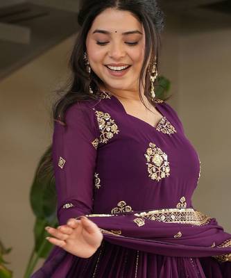 Wine Georgette Sequins Embroidered Gown With Dupatta 4