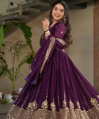 Wine Georgette Sequins Embroidered Gown With Dupatta 5