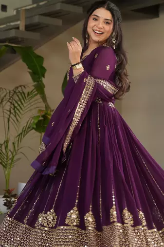 Wine Georgette Sequins Embroidered Gown With Dupatta