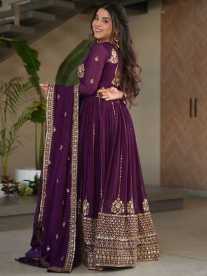 Wine Georgette Sequins Embroidered Gown With Dupatta 6
