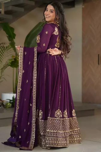 Wine Georgette Sequins Embroidered Gown With Dupatta