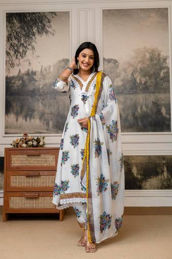 white floral cotton kurta pant set with dupatta