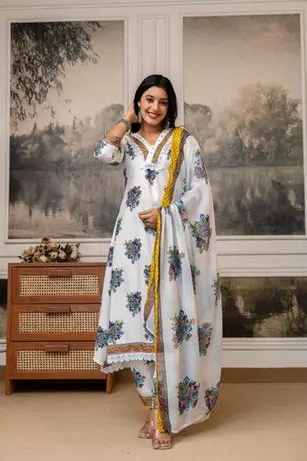 white floral cotton kurta pant set with dupatta