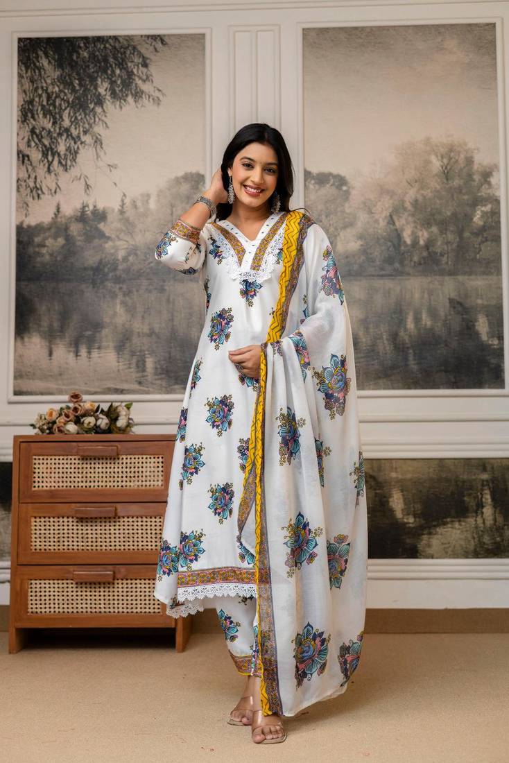 white floral cotton kurta pant set with dupatta