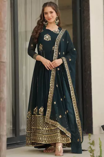 Blue Georgette Zari Embroidered Gown With Dupatta