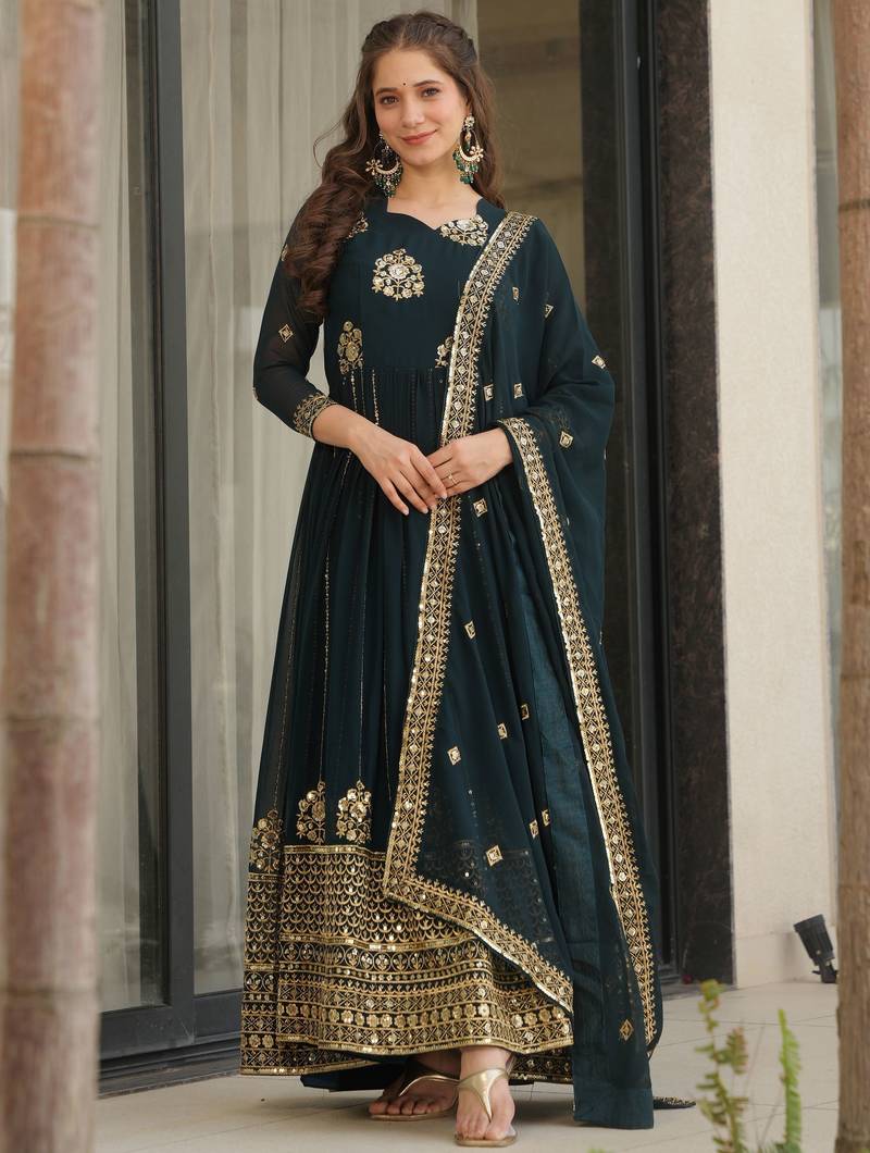 Blue Georgette Zari Embroidered Gown With Dupatta