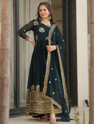 Blue Georgette Zari Embroidered Gown With Dupatta 2