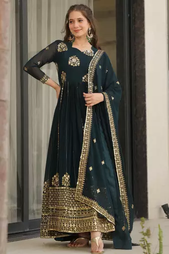 Blue Georgette Zari Embroidered Gown With Dupatta