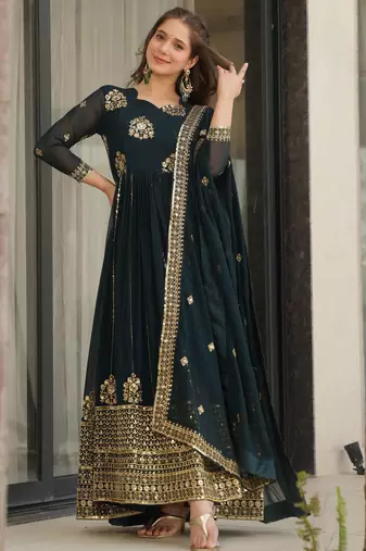Blue Georgette Zari Embroidered Gown With Dupatta