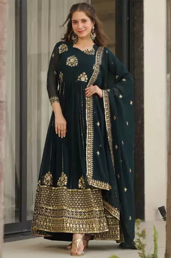 Blue Georgette Zari Embroidered Gown With Dupatta
