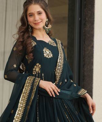 Blue Georgette Zari Embroidered Gown With Dupatta 5