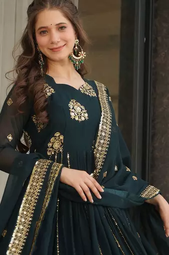 Blue Georgette Zari Embroidered Gown With Dupatta