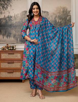 blue floral cotton kurta pant set with dupatta 1