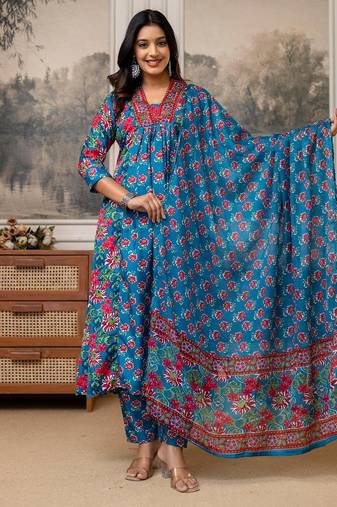blue floral cotton kurta pant set with dupatta