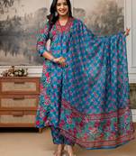 blue floral cotton kurta pant set with dupatta